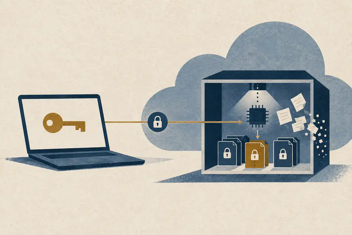 Editorial illustration of a device-held key protecting encrypted persistent memory inside an attested cloud compute compartment