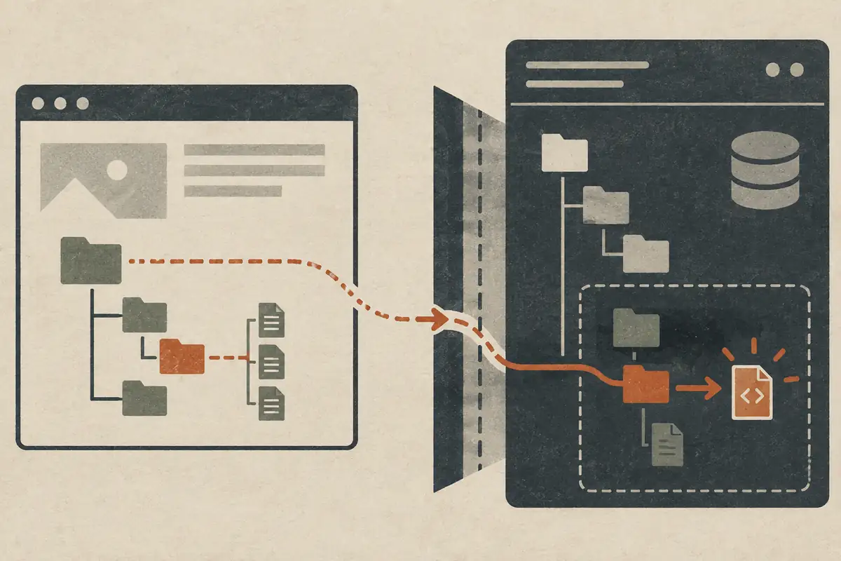 Editorial illustration of a web request crossing a server file boundary, representing the WordPress template path-traversal vulnerability