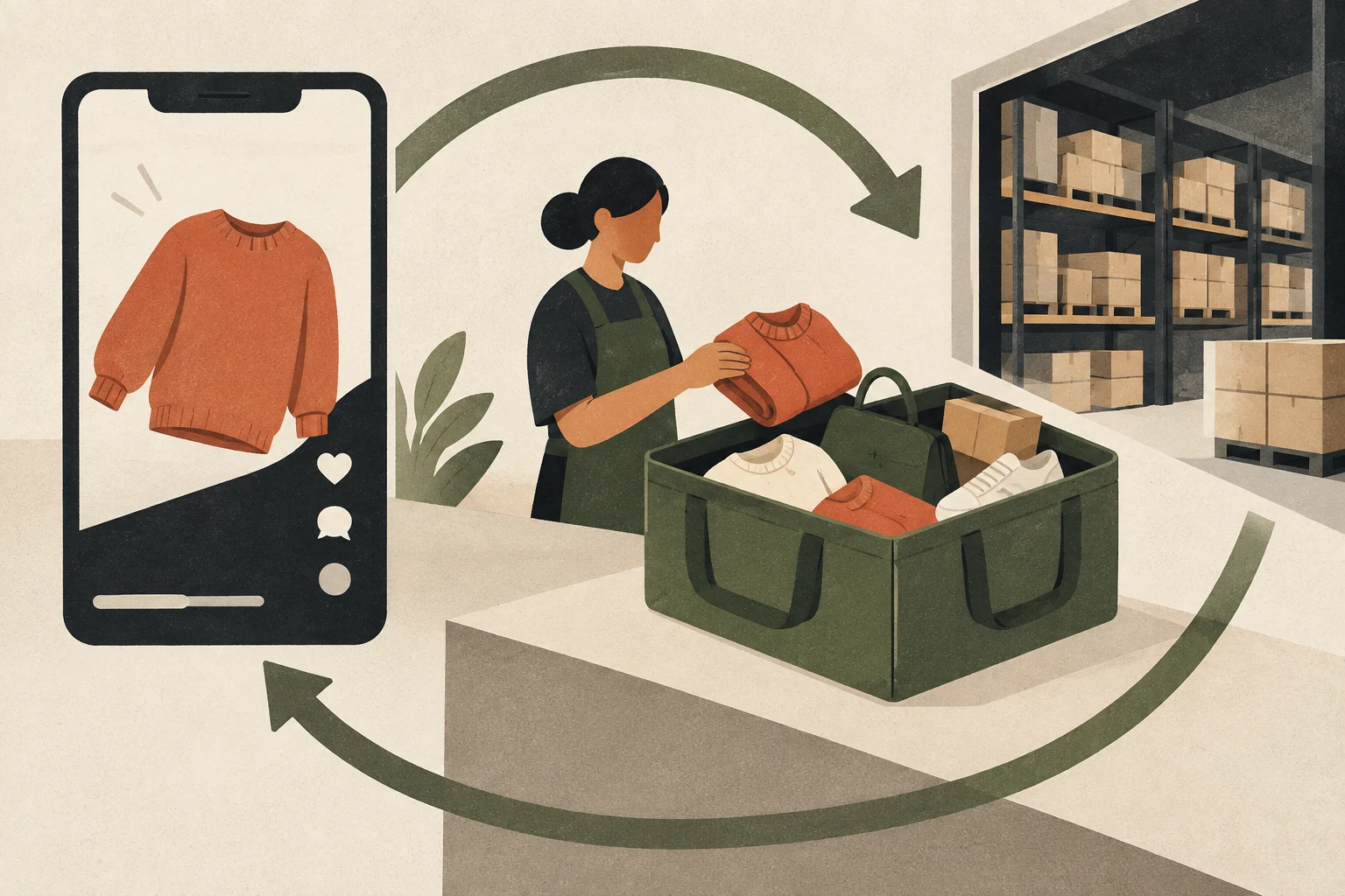 A circular arrow connects a garment on a phone with a return counter, a shared tote and warehouse shelves