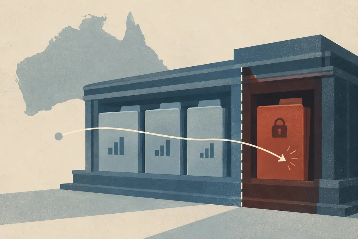 Editorial illustration of an autonomous research path crossing from a public statistics portal into a restricted file compartment on an Australian government data system